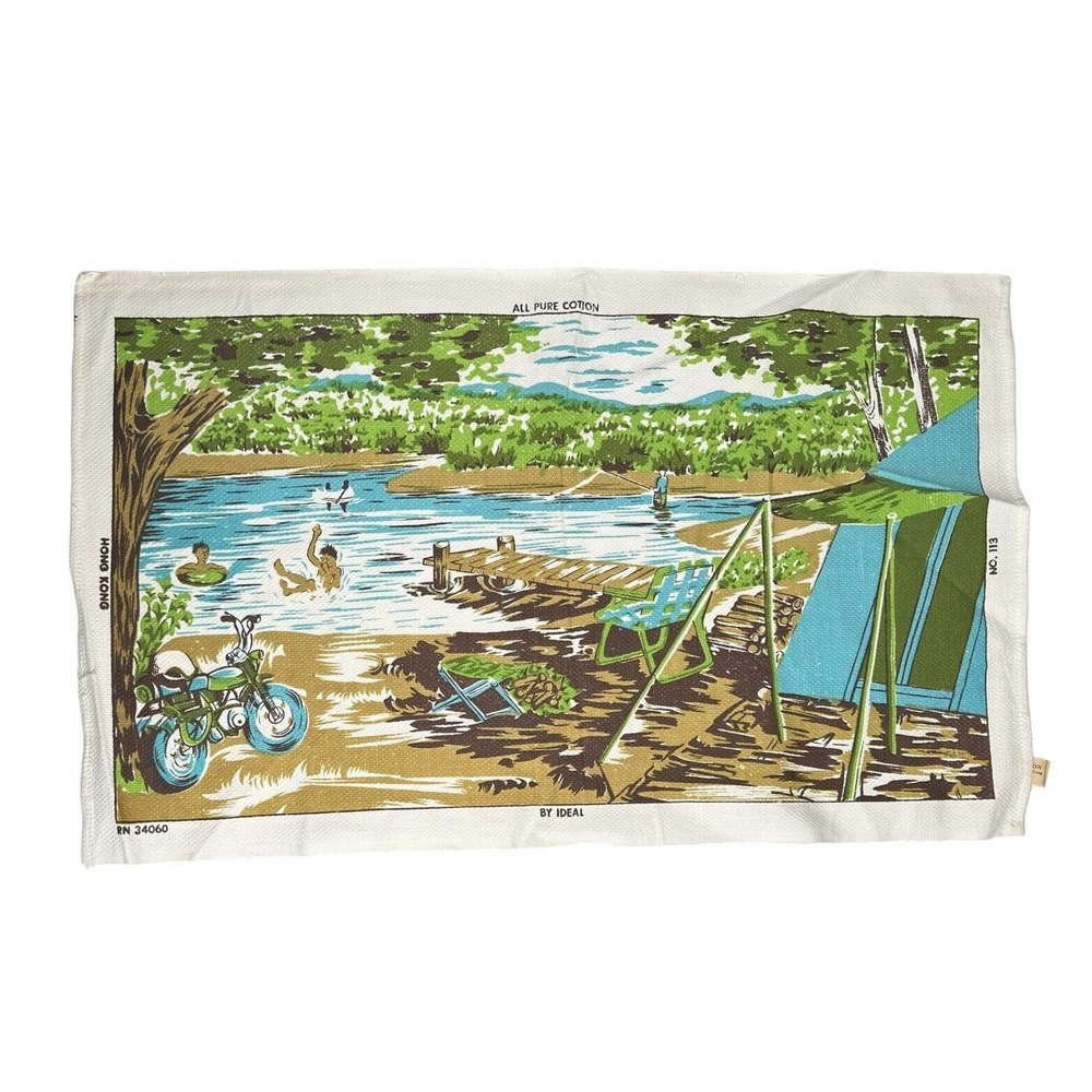 Vtg IDEAL‎ Dish Tea Towel Camping Fishing Swimming Motorcycle Oudoors Tapestry